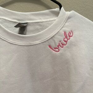 Gildan White Sweatshirt with Pink "bride" Embroidery